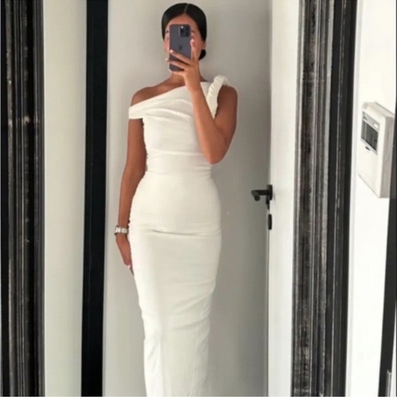 ZARA NEW WOMAN ASYMMETRIC MIDI DRESS ECRU XS med  3067/210 - Picture 3 of 11